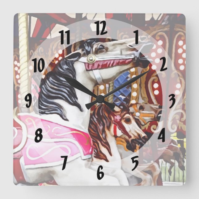 Reloj Cuadrado Tres caballos de carrusel cerrados (Anverso)