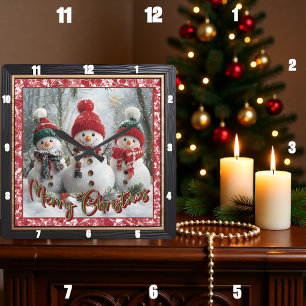 Reloj Cuadrado Tres muñecos de nieve Feliz Navidad