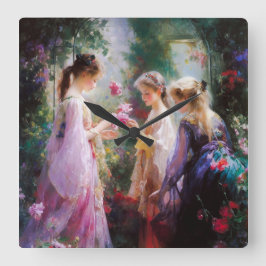Reloj Cuadrado Tres niñas jugando en un jardín 