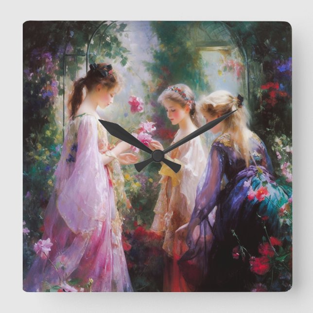 Reloj Cuadrado Tres niñas jugando en un jardín  (Anverso)