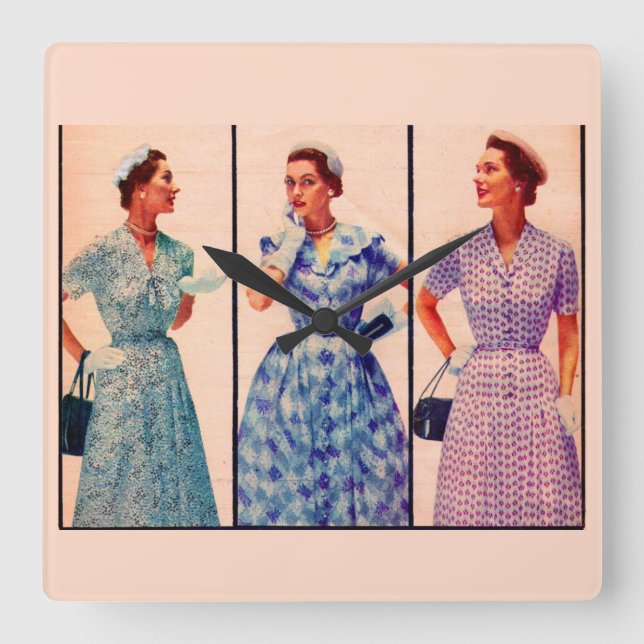 Reloj Cuadrado tres vestidos de 1953 - ropa vintage (Anverso)