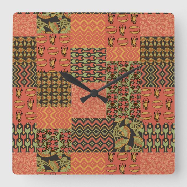 Reloj Cuadrado Tribal Faux Patchwork Square Wall Clock (Anverso)