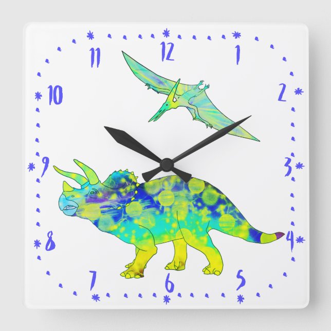 Reloj Cuadrado Triceratops Dinosaurio Psicodélico Verde Pterodáct (Anverso)