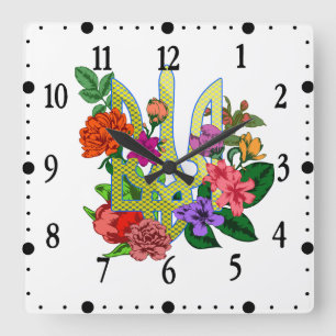 Reloj Cuadrado tridente tryzub de la heráldica ucraniana flores f