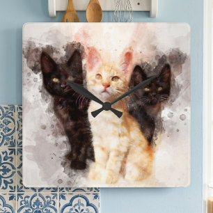 Reloj Cuadrado Trío de acuarelas de adorables gatitos negros y na