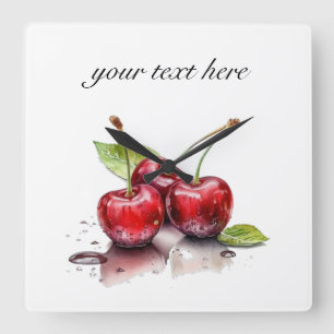 Reloj Cuadrado Trío de Cerezas Frescas en Acuarela, personalizado