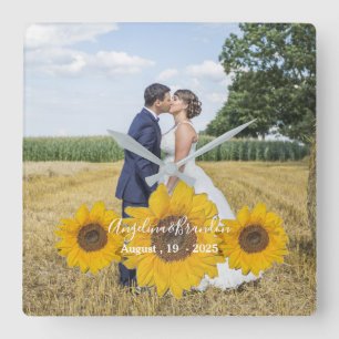 Reloj Cuadrado trío de girasol - su foto boda