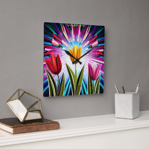 Reloj Cuadrado Trío de tulipanes: Un estallido de belleza en prim