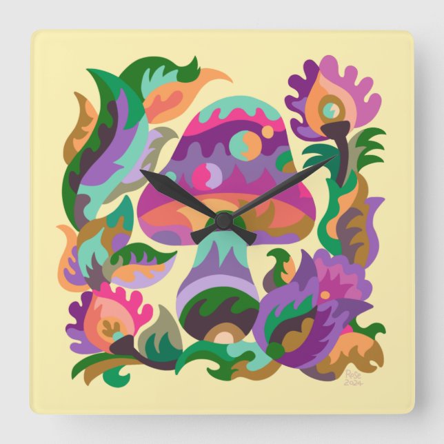 Reloj Cuadrado Trívet arcoiris mágico hongo (Anverso)