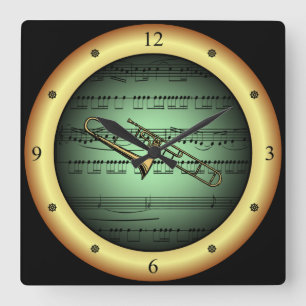Reloj Cuadrado Trombone ~ Hoja Música ~ Fondo Verde/Oro ~