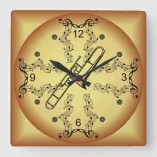 Reloj Cuadrado Trombone ~ Musical Scroll ~ Golden Background ~