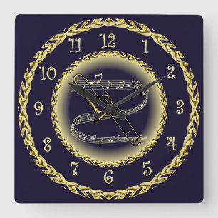 Reloj Cuadrado Trombone ~ Musical Scroll ~ Oro/Azul marino ~