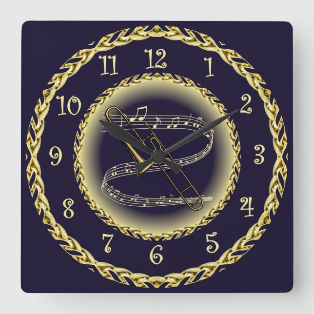 Reloj Cuadrado Trombone ~ Musical Scroll ~ Oro/Azul marino ~ (Anverso)