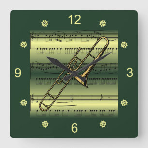Reloj Cuadrado Trombone~Rolling Sheet Music~Gold/Green Background