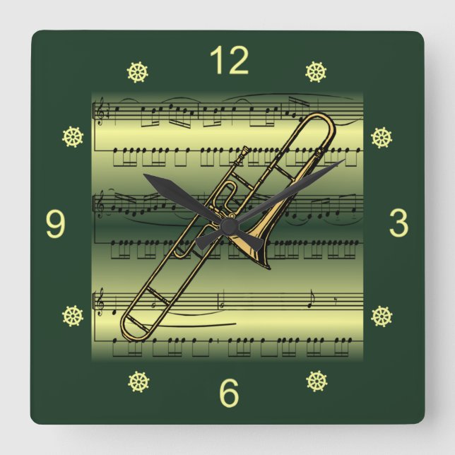 Reloj Cuadrado Trombone~Rolling Sheet Music~Gold/Green Background (Anverso)