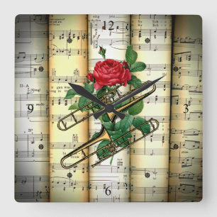 Reloj Cuadrado Trombone y Rosa ~ Rolling Sheet Music ~