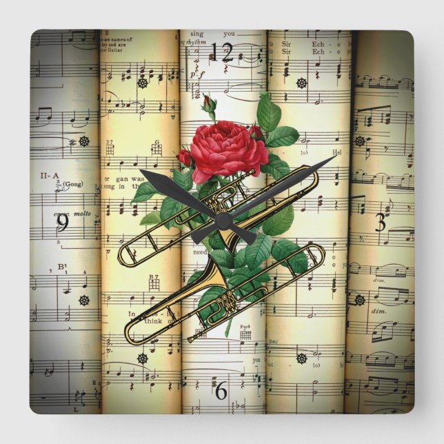 Reloj Cuadrado Trombone y Rosa ~ Rolling Sheet Music ~ (Anverso)
