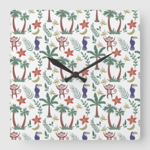 Reloj Cuadrado Tropical animals seamless pattern macaw and monkey