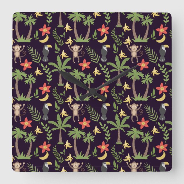 Reloj Cuadrado Tropical animals seamless pattern monkey & macaw (Anverso)
