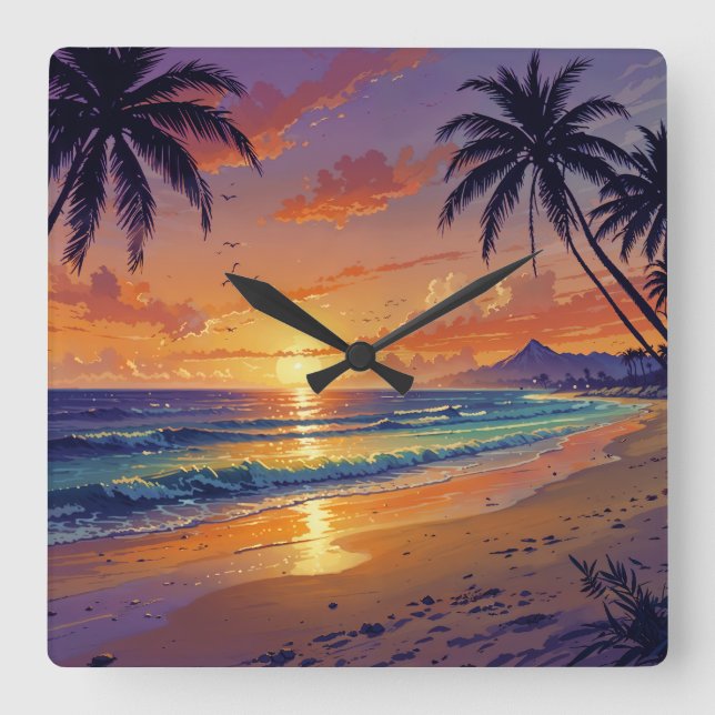 Reloj Cuadrado Tropical Beach Sunset - Illustration Style Art (Anverso)