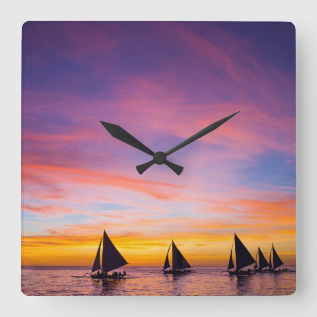 Reloj Cuadrado Tropical Beaches | Sunset Sailboats, Phillipines (Anverso)