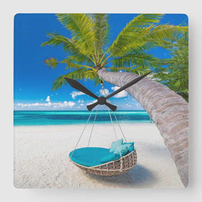 Reloj Cuadrado Tropical Beaches | Tropical Landscape Beach Swing (Anverso)