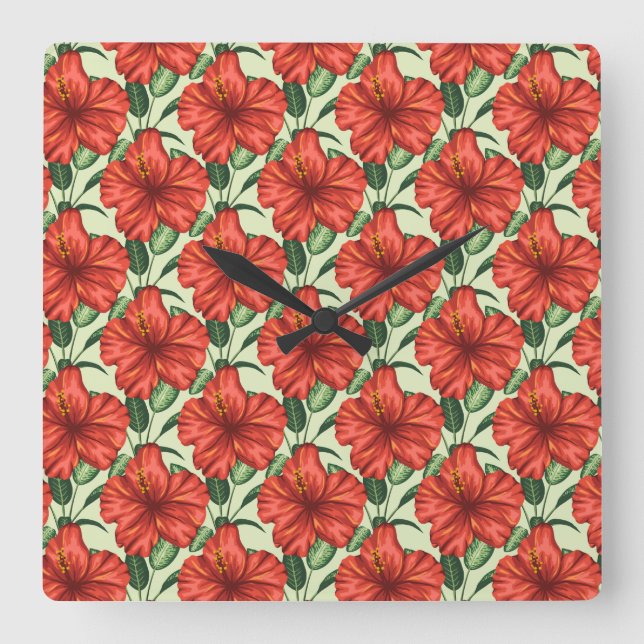 Reloj Cuadrado Tropical floral seamless pattern red flowers (Anverso)