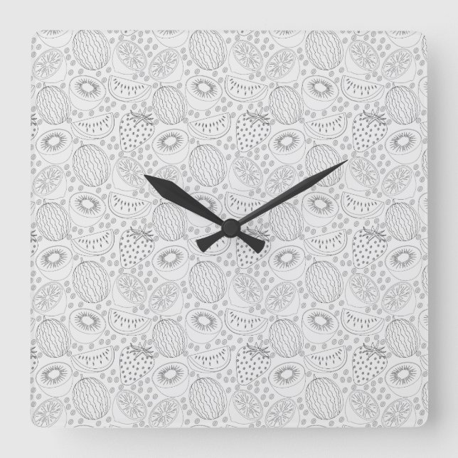 Reloj Cuadrado Tropical fruit seamless pattern black and white (Anverso)