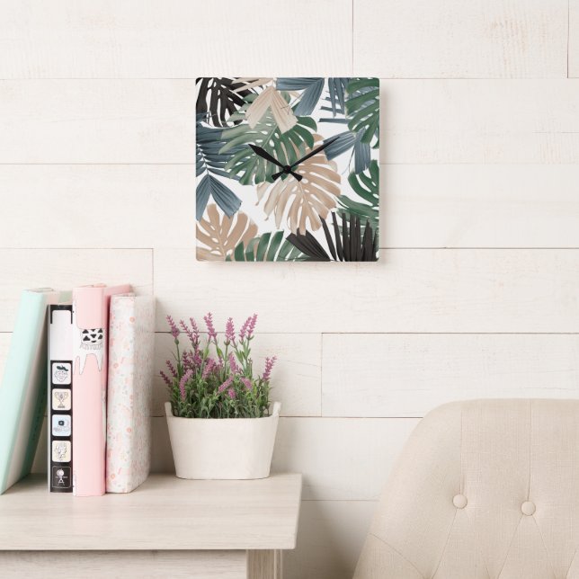 Reloj Cuadrado Tropical Monstera Jungle Leaves 3 (Sala de lectura)