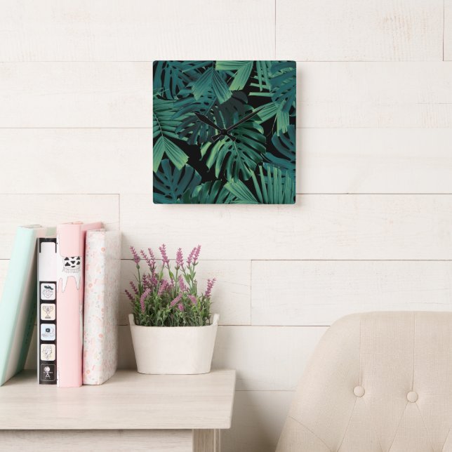 Reloj Cuadrado Tropical Monstera Jungle Night Leaves 1 (Sala de lectura)