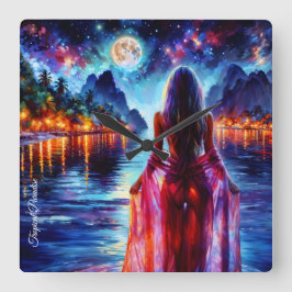 Reloj Cuadrado Tropical moonlit fantasy woman in paradise