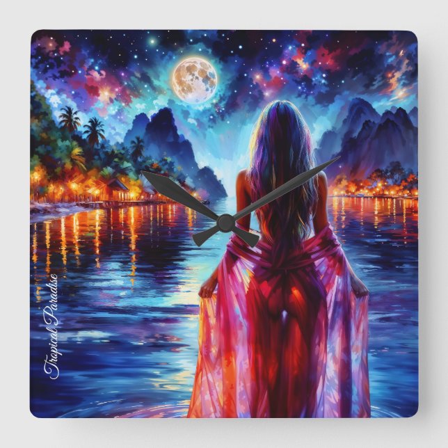 Reloj Cuadrado Tropical moonlit fantasy woman in paradise (Anverso)