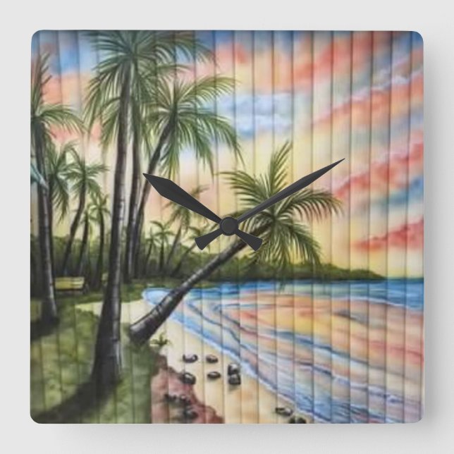 RELOJ CUADRADO TROPICAL PALM TREES BEACH BLINDS (Anverso)