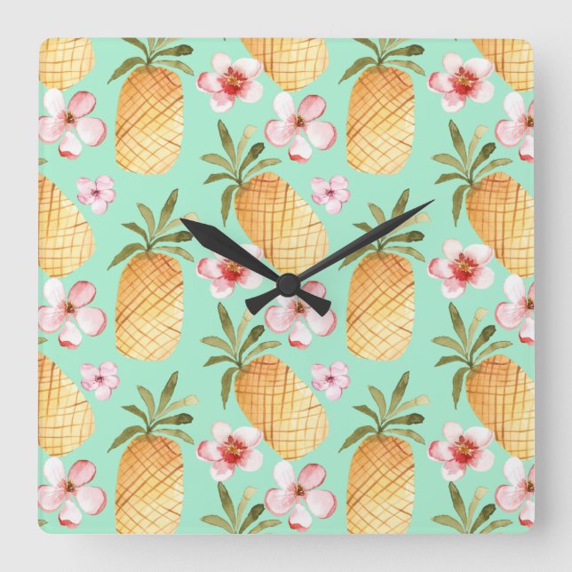 Reloj Cuadrado Tropical retro print on mint background (Anverso)