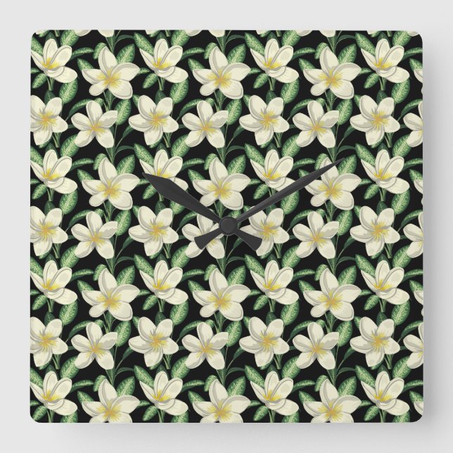 Reloj Cuadrado Tropical seamless pattern white flowers green leaf (Anverso)