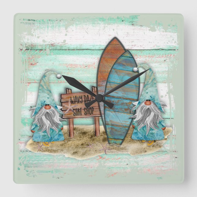 Reloj Cuadrado Tropical Surfing Watercolor Beach Gnomes (Anverso)