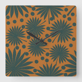 Reloj Cuadrado Tropical Teal Orange Rainforest Palm Leaf Art