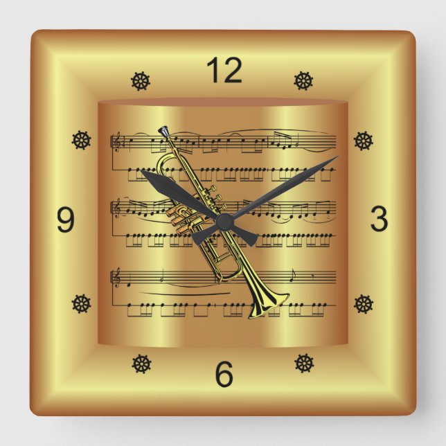 Reloj Cuadrado Trumpet ~ Música de hoja curva ~ Fondo de oro ~ ~ (Anverso)