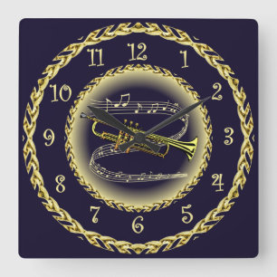 Reloj Cuadrado Trumpet ~ Musical Scroll ~ Oro/Azul marino ~