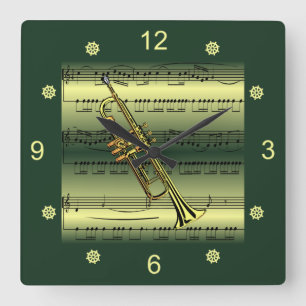 Reloj Cuadrado Trumpet~Rolled Sheet Music~Gold/Green Background~ 