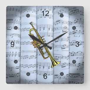 Reloj Cuadrado Trumpet~Rolling Sheet Music~Blue Tint Background ~