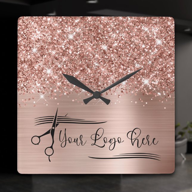 Reloj Cuadrado Tu Logo Brillante Rosa Dorado Glam (Rose Gold Glitter and Foil Logo Square Wall Clock)