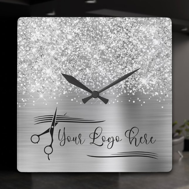 Reloj Cuadrado Tu Logo Glittery Plata Glam (Your Logo Glittery Silver Glam Square Wall Clock)