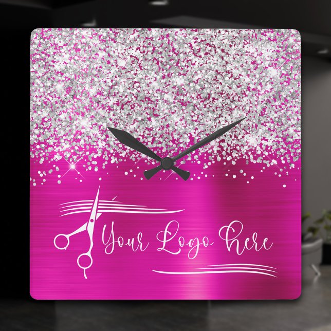 Reloj Cuadrado Tu Logo Plata Brillo Rosa Glam (Your Logo Silver Glitter Hot Pink Glam Square Wall Clock)