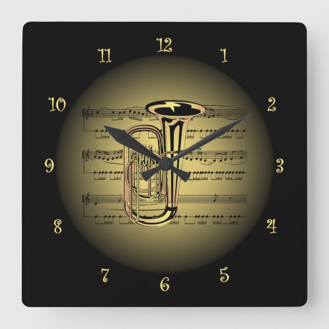 Reloj Cuadrado Tuba ~ 3D Hoja Música ~ Oro y fondo negro (Anverso)