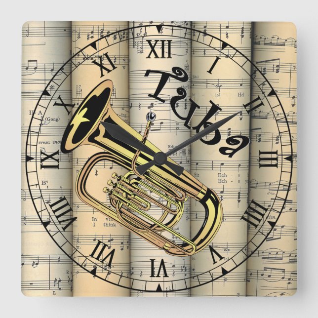 Reloj Cuadrado Tuba ~ Rolling Vintage Sheet Music ~ Unique ~ (Anverso)