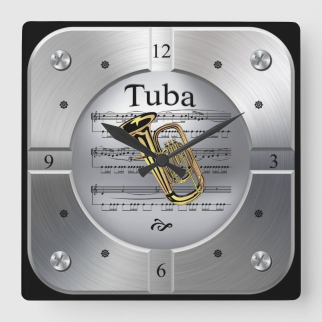 Reloj Cuadrado Tuba ~ Sheet Music ~ Brushed Silver Color ~ (Anverso)
