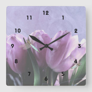 Reloj Cuadrado Tulipanes morados Aqua Dragonflies - Números