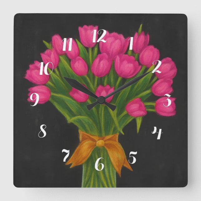 Reloj Cuadrado Tulipanes rosados de pizarra (Anverso)