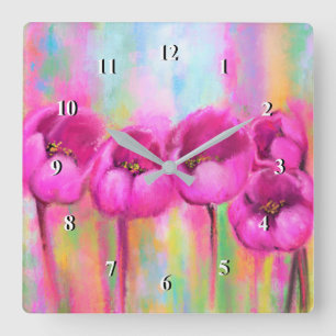 Reloj Cuadrado Tulipanes rosados morados - Pintura original de ar
